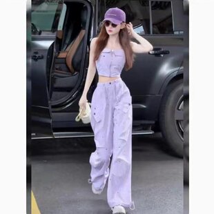 时尚洋气甜酷辣妹工装风套装女夏季吊带背心阔腿裤盐系炸街两件套
