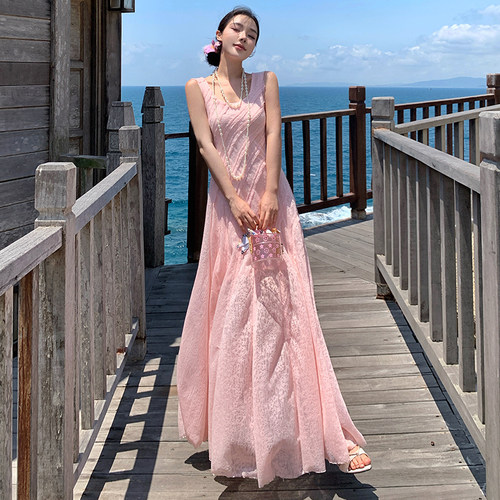 实拍Lattitude杨小鹭 樱花落夏淡粉色蕾丝多裁片长款连衣裙