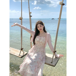 高级感甜美雪纺碎花长裙2026新款法式粉色吊带连衣裙装女夏