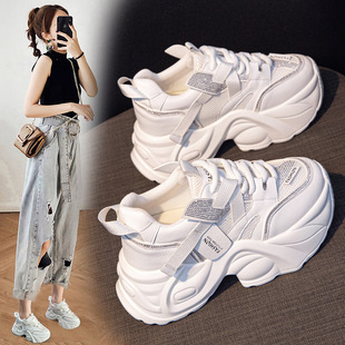 女 真皮透气百搭厚底9CM内增高运动休闲小白鞋 老爹鞋 女2026春新款