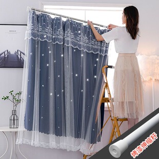 免打孔蕾丝双层带纱窗帘遮光卧室飘窗成品短帘简约现代氛围感宿舍