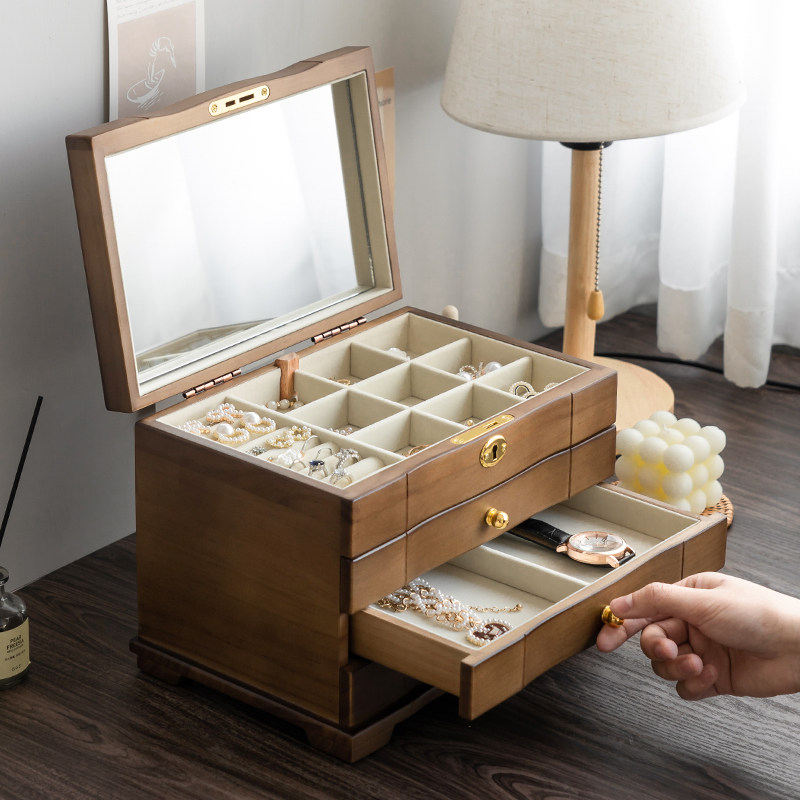 实木首饰盒多层抽屉式带锁耳环戒指珠宝收纳盒防氧化中式,收纳整理,首饰盒,淘宝优惠券,粉丝福利购,淘宝优惠卷