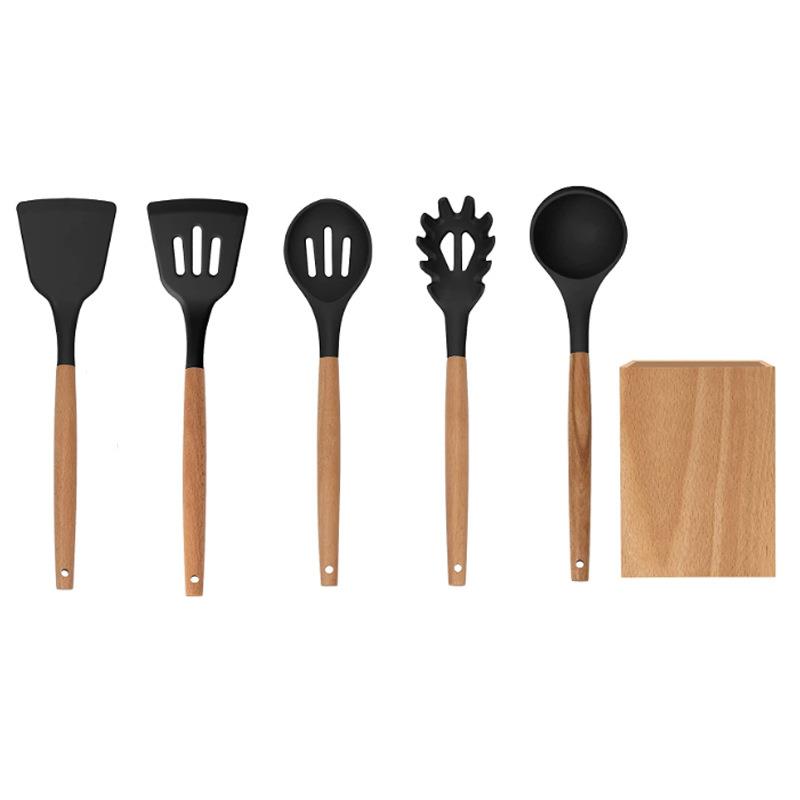 硅胶厨具6件套套装木柄烹饪勺铲木厨具桶厨房用具钞菜锅铲汤勺定
