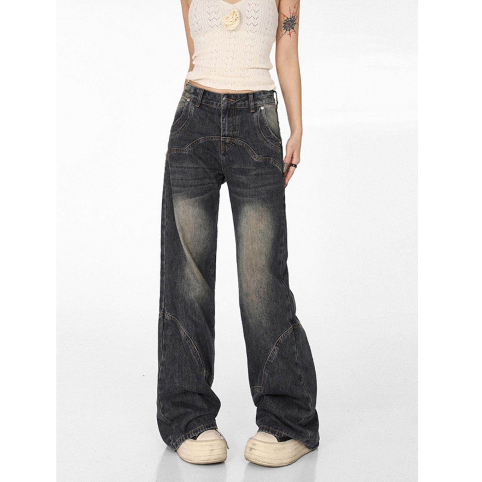 美式复古蓝微喇牛仔裤女秋季新款高腰遮胯直筒裤修身窄版拖地长裤