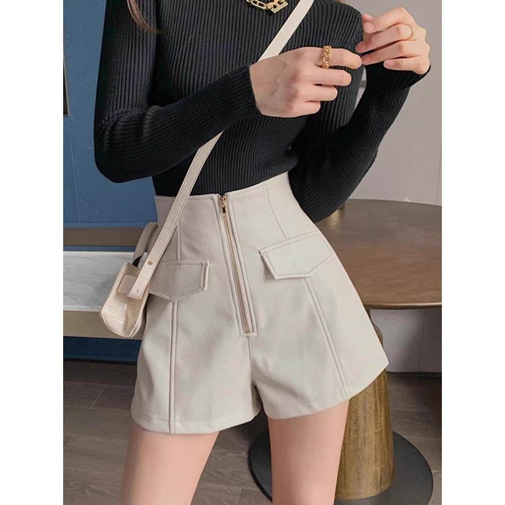 2025秋冬季新款PU皮短裤女高腰显设计感拉链a字裤时尚韩版靴裤定