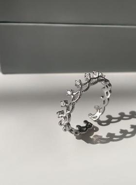 日韩新款镂空皇冠戒指女闪钻锆石花冠食指戒潮流百搭开口指环定制