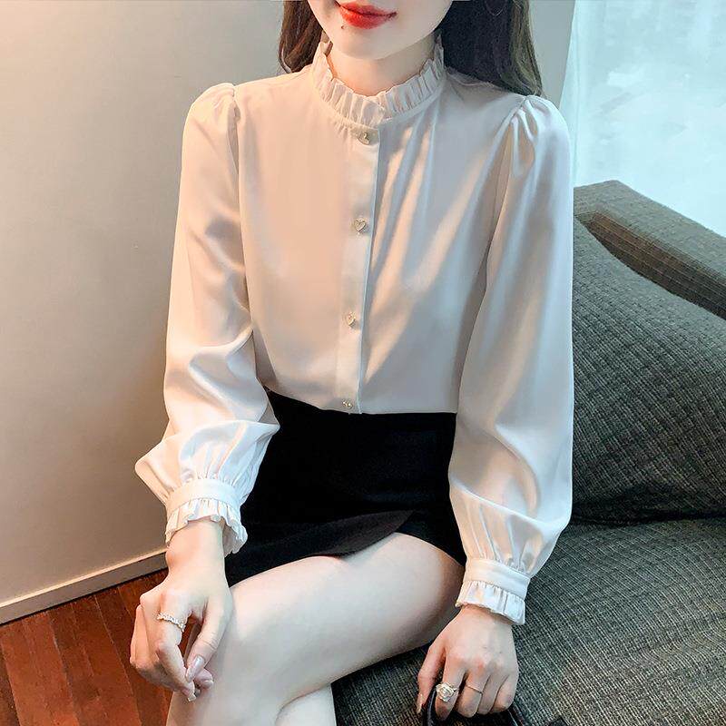 2026春爱心扣子法式优雅白色衬衫女衬衣木耳边打底雪纺衫上衣定制