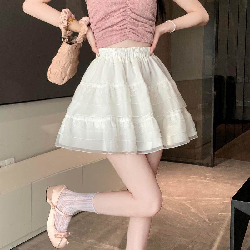 白色蓬蓬网纱半身裙女夏季高腰a字蕾丝蛋糕裙短裙森女系纱裙2定制