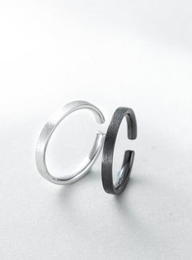 方行S925银拉丝情侣对戒时尚百搭一对简约潮流指环尾戒开口戒定制