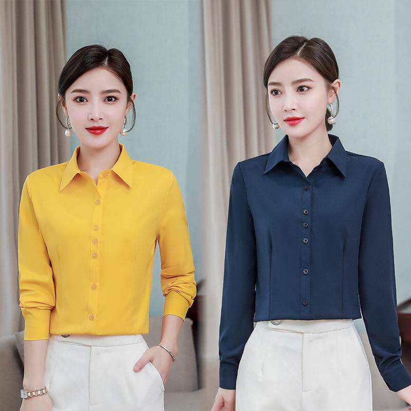 黄色藏蓝色衬衫女长袖春职业装修身显白色工作服上衣女打底衫女