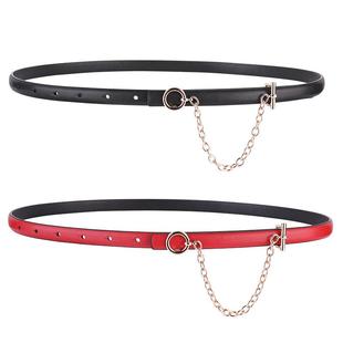 头层牛皮腰带时尚链条扣装饰连衣裙裤子细腰封黑红真皮皮带女定制