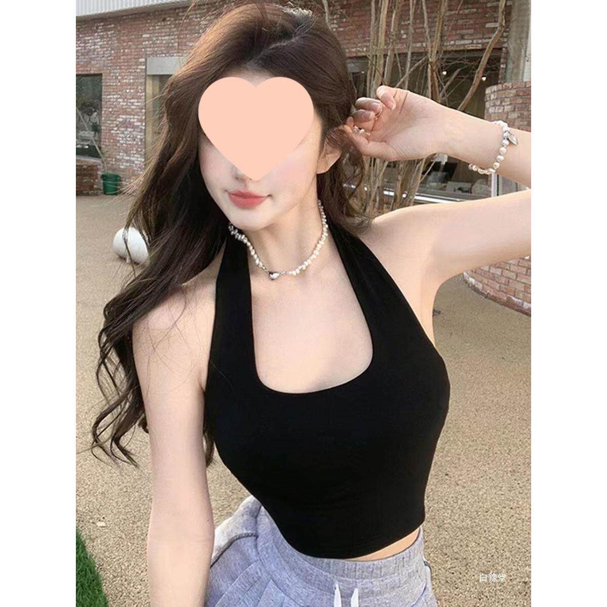 法式甜辣风挂脖背心漏后背T恤露脐短款上衣女内搭定制