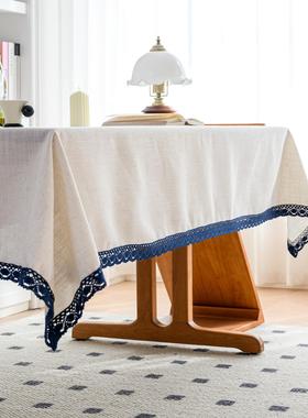 装饰色餐桌布复古蓝色花边黄麻台布白色法国盖布艺定制