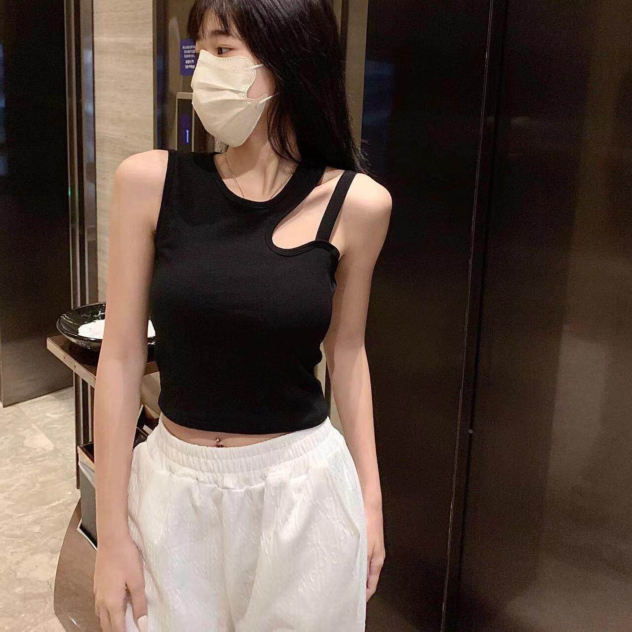棉美背斜肩带不规则背心女辣妹内搭带胸垫短款抹胸外穿吊带上定制