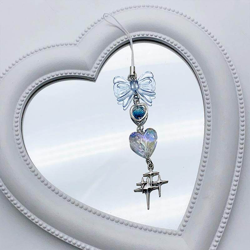 甜美少女y2k芒星蓝色清透爱心手机链包包挂饰串珠咕本链卡册挂件