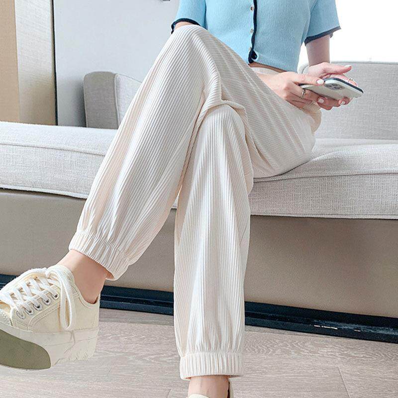 运动裤女夏季薄款米白色小个子束脚高腰休闲防蚊色灯笼卫裤定制