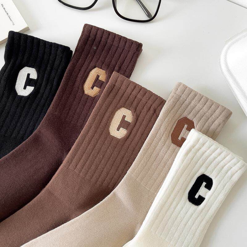 配鲨鱼裤袜子女外穿日系刺绣字母C中筒色街头运动ins潮棉袜子定制