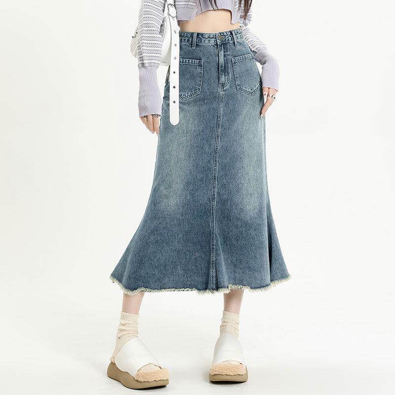 小个子显高中长款高级百搭鱼尾裙2025高腰牛仔半身女装复古蓝色定