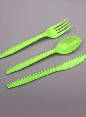 一次性塑料刀叉勺子金属色印纹加厚餐具绿色ps勺子30支装定制