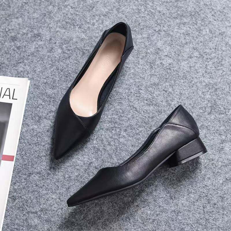 尖头单鞋女2026工装上班皮鞋粗跟不累脚女鞋职业工作鞋女黑色定制