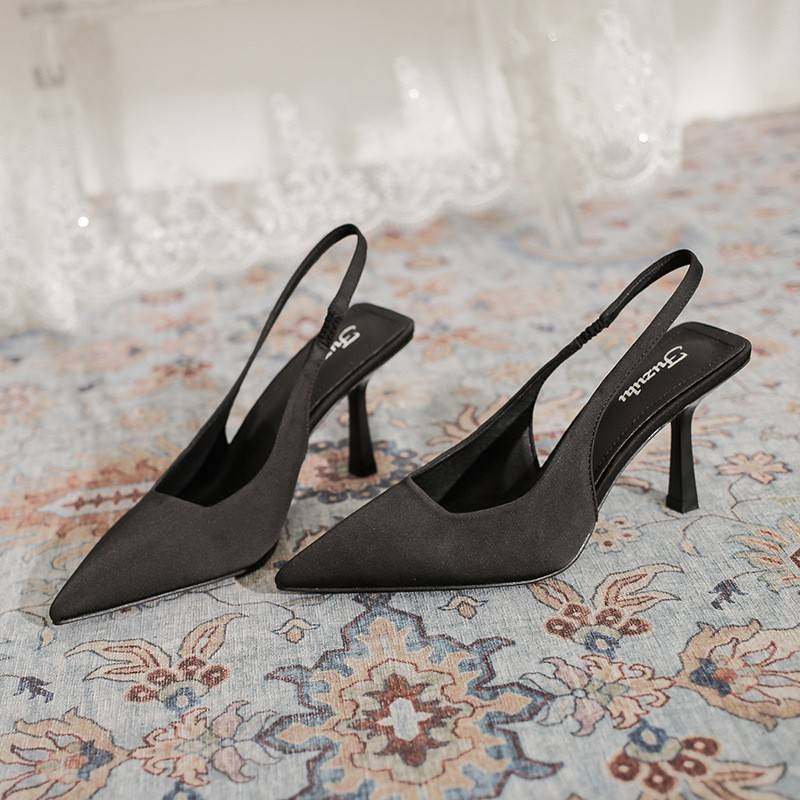 尖头高跟鞋女夏2026年新款黑色后绊带女鞋职业工作细跟凉鞋御姐风