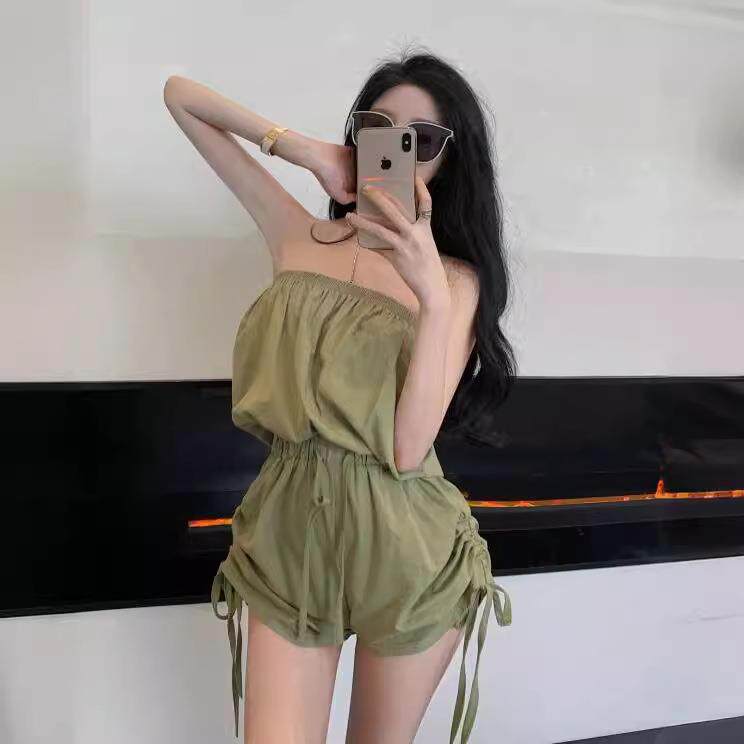 抹胸连体裤女绑带褶皱阔腿裤夏季薄款收腰宽松短裤小个子色裤子