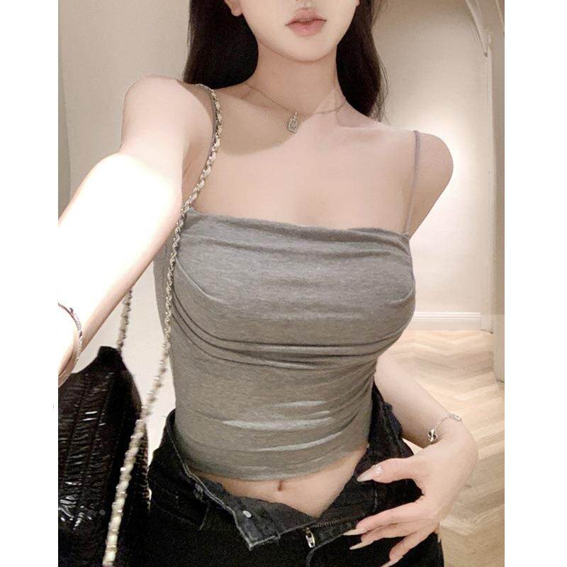 欲辣妹细吊带背心女夏2026新款带胸垫褶皱内搭短款无袖美背上定制