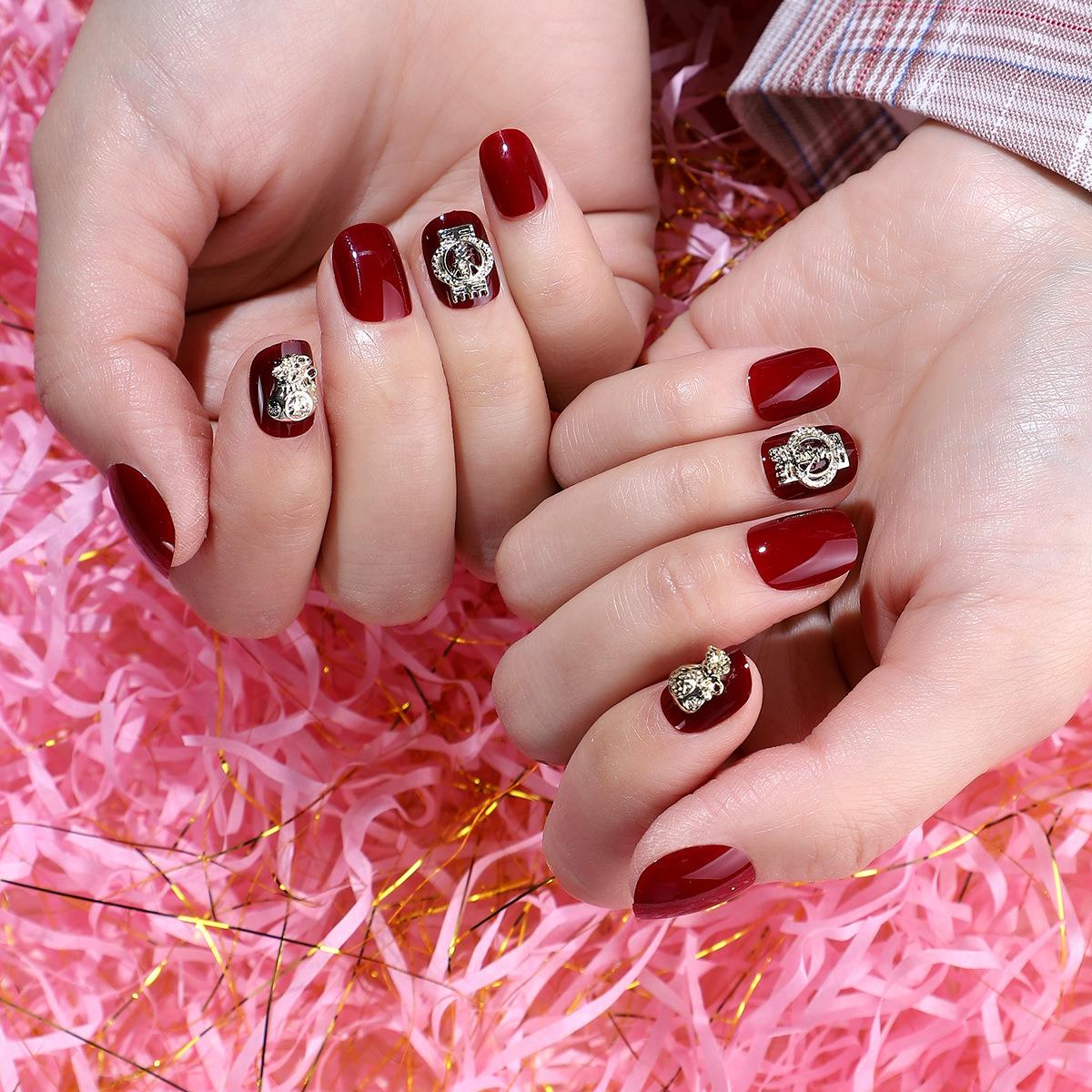 短款酒红色钱袋新年款假指甲贴穿戴甲成品甲片美甲贴片拆卸指甲