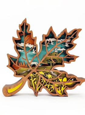 新品木质丰收节工艺品木制雕刻枫叶灯饰摆件感恩节家居桌面装饰品
