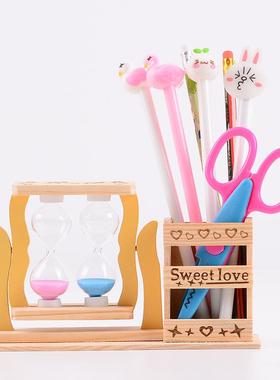 创意流沙木质笔筒沙漏计时器摆件文具学生办公用品生日礼物装饰品
