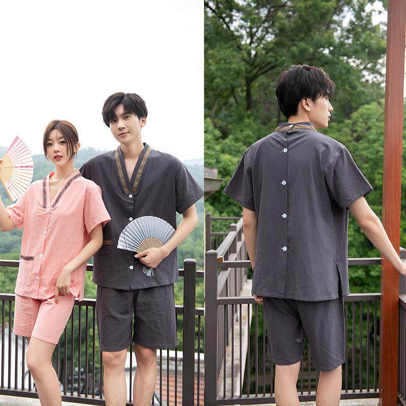 2026新款中国风艾灸服情侣棉麻针灸汗蒸服前后开大码浴服SPA