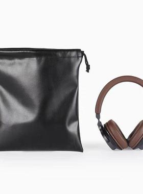 黑色防水PU皮手机束口袋大耳机抽绳袋数据线移动电源小收纳袋