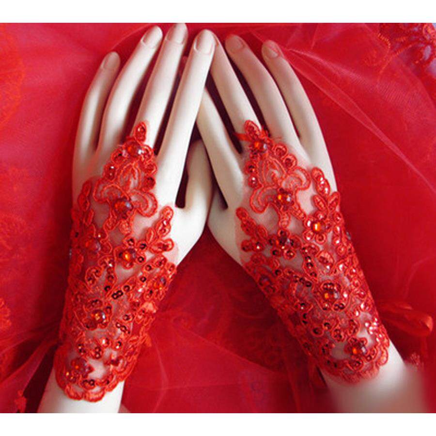 新款韩式新娘婚纱手套蕾丝短款红色露指花朵结婚配件定制