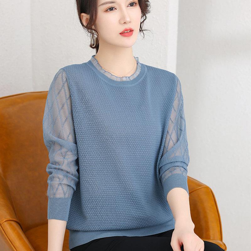 新款蕾丝拼接针织衫镂空长袖女2025早秋薄款圆领毛织打底衫上衣定