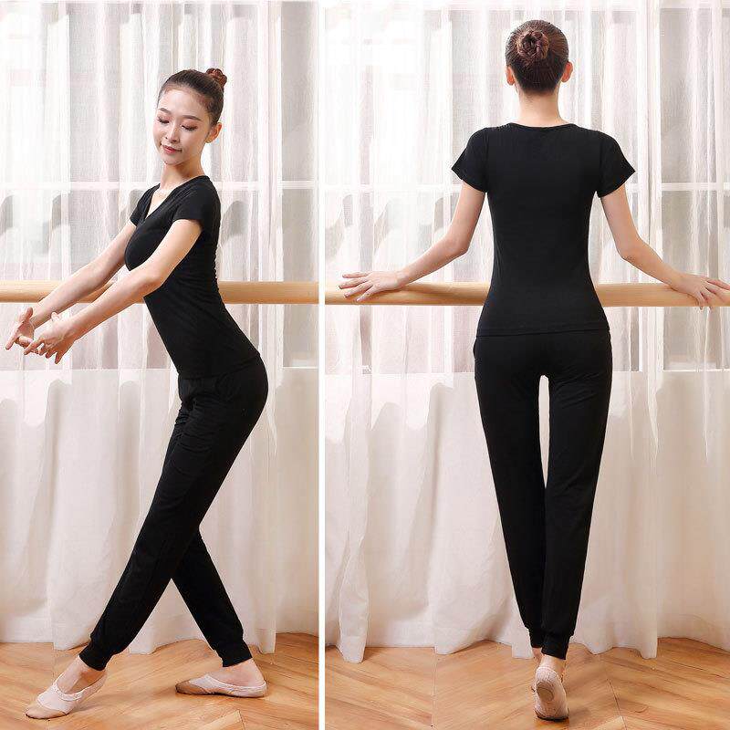 舞蹈练功服套装女现代舞服装黑色直筒微喇形体中袖上衣中国舞蹈裤