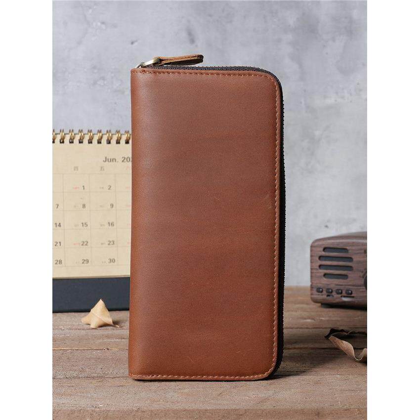 1098外贸疯马皮男女士长款钱包两折头层复古钱夹定制