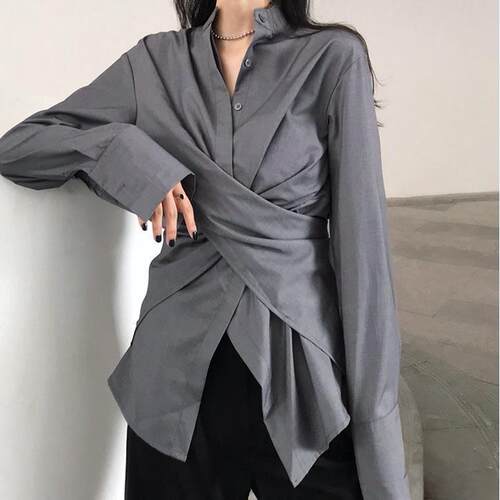 心机设计感chic衬衫女2026韩版ins超火bf宽松不规则显长袖上定制