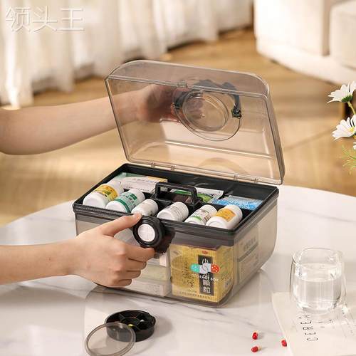 塑料透明旋钮收纳箱家用便携式手提储物箱家庭宿舍双层分格收纳箱