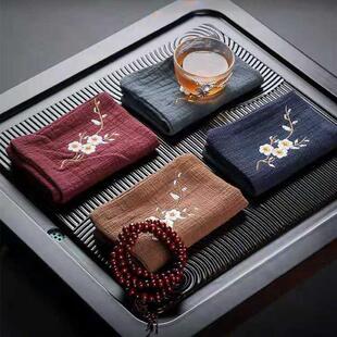 棉麻茶巾柔软吸水加厚茶布 棉麻刺绣梅花茶具清洁茶巾印logo定制