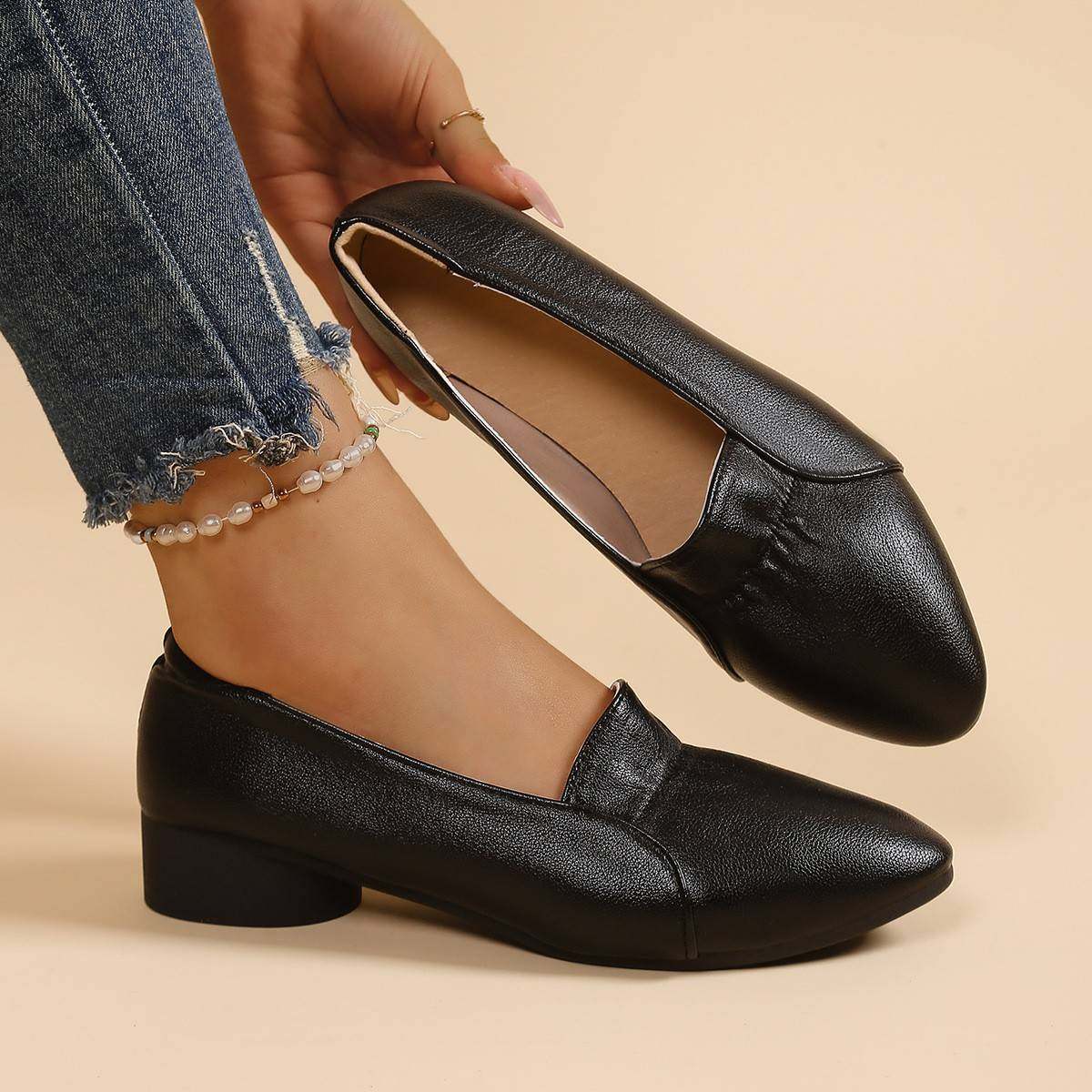 2026新款春季软皮单鞋女粗跟中跟黑色女鞋子妈妈鞋浅口尖头坡跟鞋,女鞋,浅口单鞋,淘宝优惠券,粉丝福利购,淘宝优惠卷