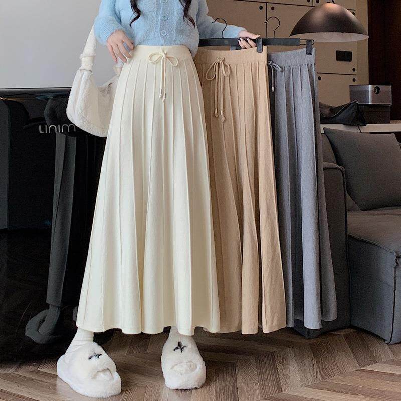 秋冬季韩系新款显半身裙2025百搭高腰针织大摆中长款系带百褶裙定