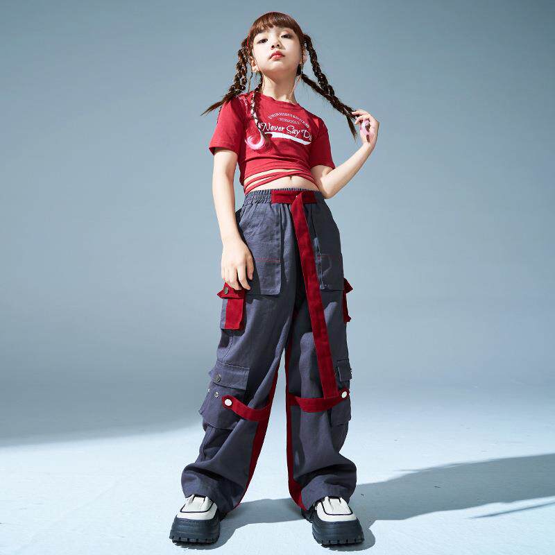 女童爵士舞服装露脐短袖工装裤套装jazz爵士表演服街舞儿童潮服女