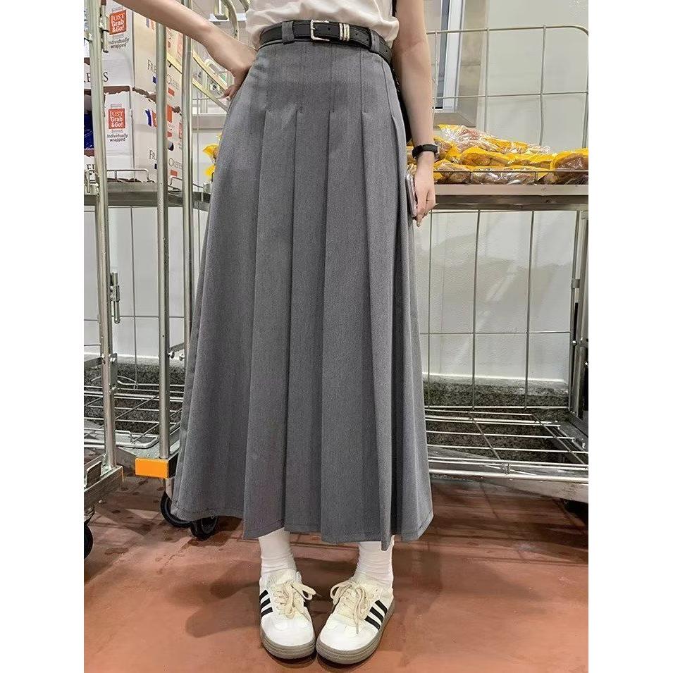 灰色大码半身裙女夏高级感气质西装裙高腰胖mm长裙a字百褶裙定制