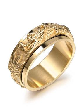 戒指男欧美朋克可转动戒指嘻哈镀金盘龙指环中国风钛钢饰品SA定制