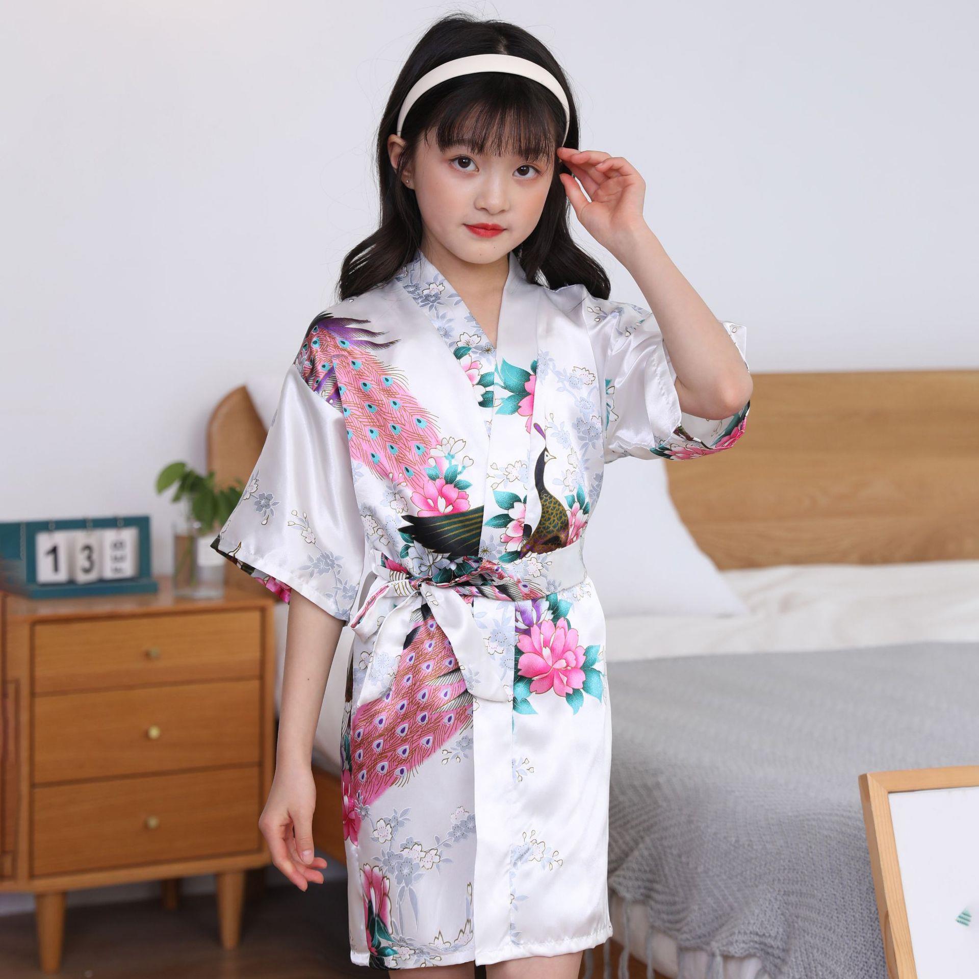 儿童孔雀晨袍仿真丝绸睡衣女外贸色丁浴袍开衫和服睡裙定制