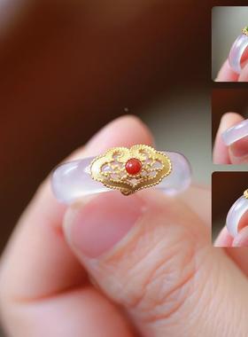 国潮风天然白玛瑙指环玉髓搭配S925银镶嵌南红松石碧玉女戒指定制