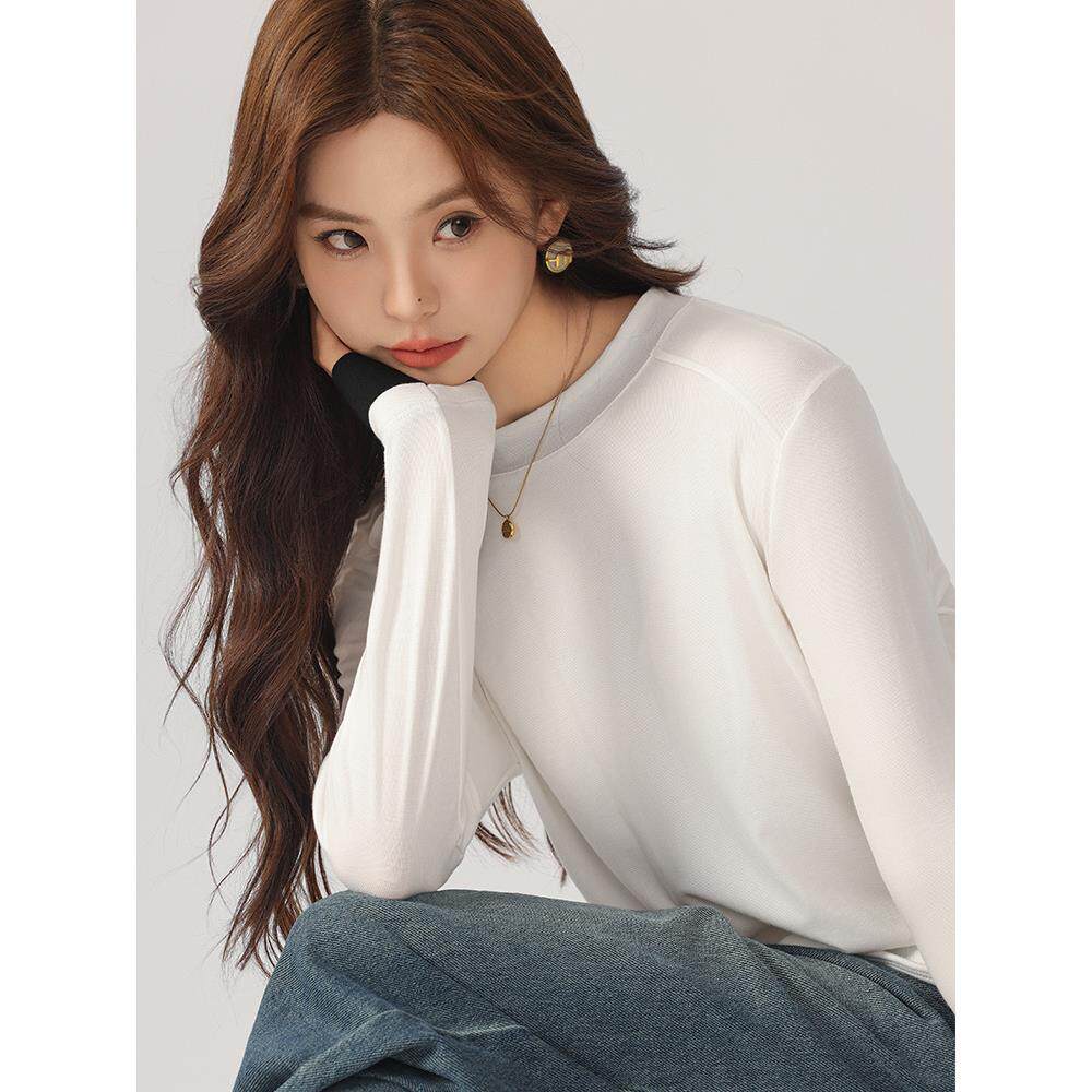 撞色拼接假两件长袖t恤女秋冬新款简约高级感修身显打底衫上衣定