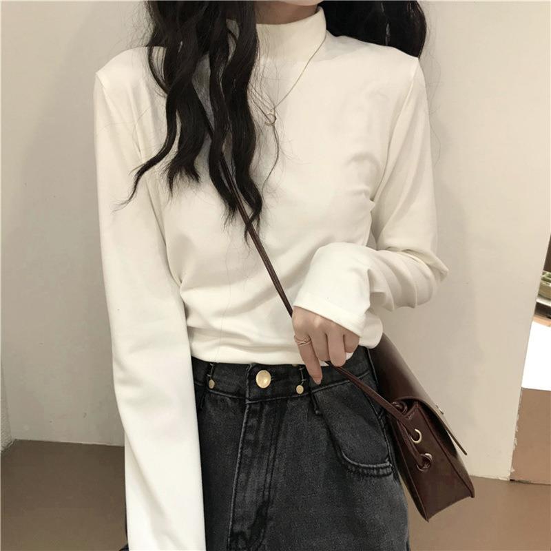 秋季韩版长袖T恤女新款显半高领打底衫学生简约色内搭上衣服定制