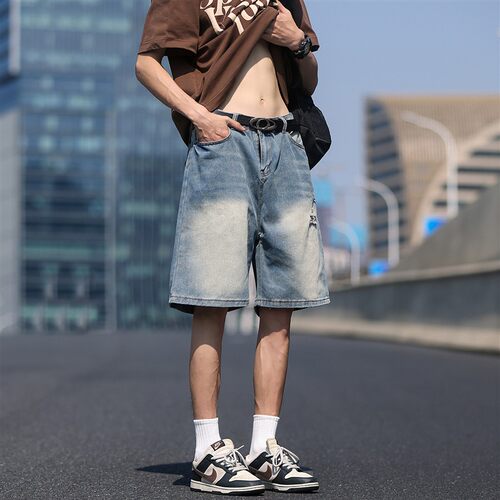 夏季薄款破洞牛仔短裤男直筒水洗宽松痞帅风外穿高级感潮五分裤子