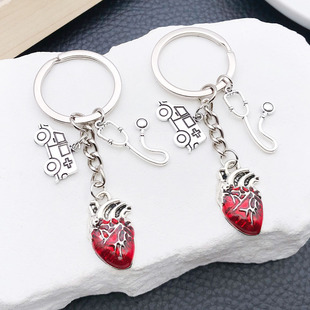创意古银医疗系列听诊器红色心脏救护车锌合金钥匙扣背包钥匙挂饰